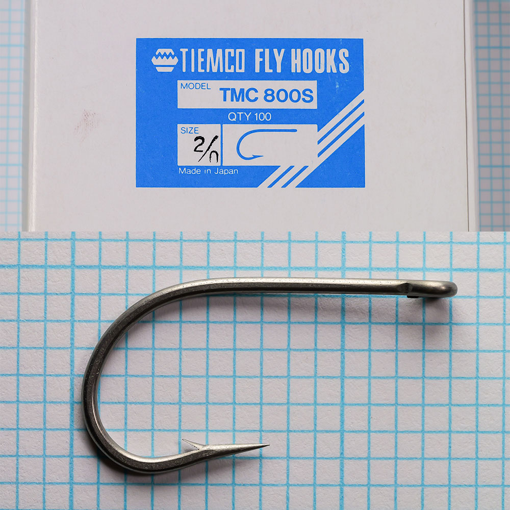 Tiemco TMC 800S packaging front face — size 2/0 — blue card with white logo and model designation