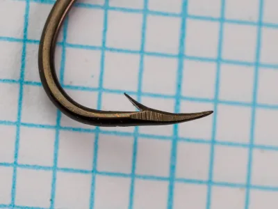 Wright & McGill Eagle Claw No. 80 — hook point detail showing superior point geometry and bronzed finish — size 2 — side view highlighting taper from barb to tip