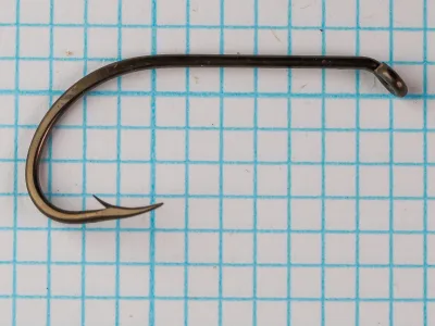Wright & McGill Eagle Claw No. 80 — full hook profile showing Sproat bend, turned-down eye, and shank — size 2 — side view on measurement grid