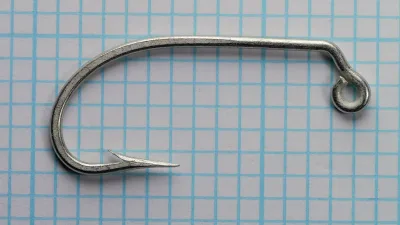 Mustad 34185 O'Shaughnessy — complete hook profile — size 2/0 — turned-down ball eye