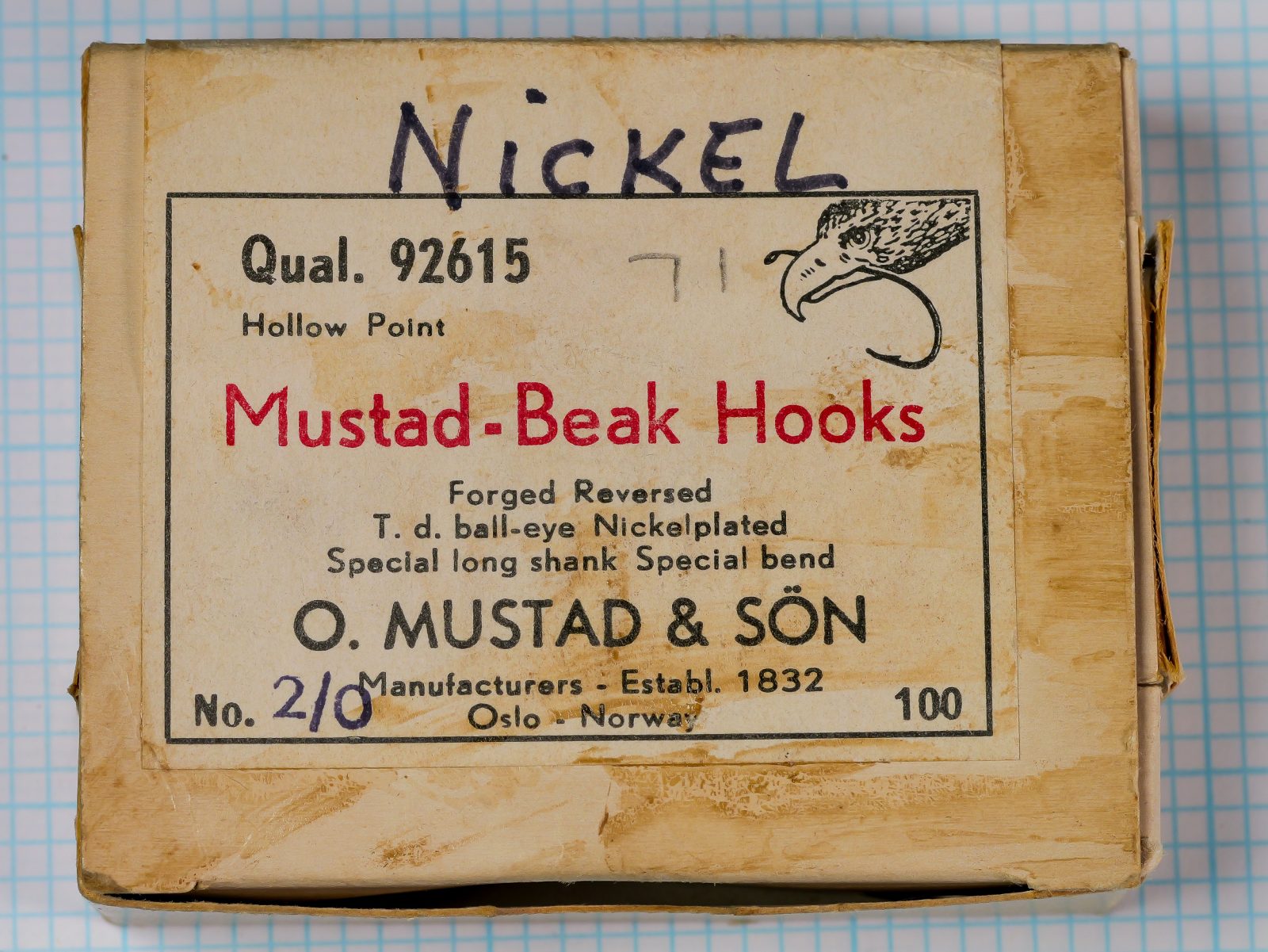 Mustad 92615 Beak Hook — wholesale dealer box top label — size 2/0 — nickelplated finish with eagle-head trademark
