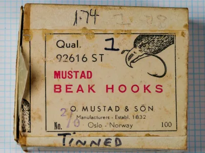 Mustad 92616 ST Beak Hook — pre-barcode wholesale box label showing eagle trademark, red letterpress printing, and hand-annotated size and finish — size 2/0