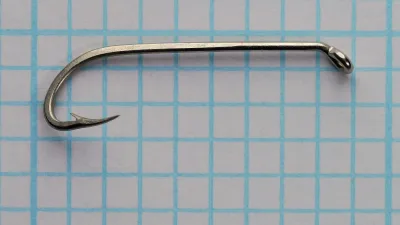 Mustad 92620 Beak Hook — full side profile — size 10 — turned-down ball eye, special-long shank, measurement grid