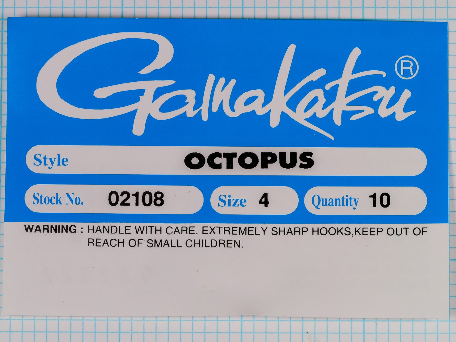 Gamakatsu 02108 Octopus — original sales card packaging — size 4, qty 10 — blue label with script logo