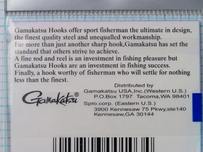 Gamakatsu 02308 Octopus Hook — packaging back panel — size 4 — distributor information and warning text