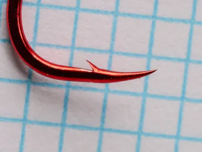 Gamakatsu 02309 Hook Point Detail — close-up of point geometry showing superior taper and barb — size 2 red finish