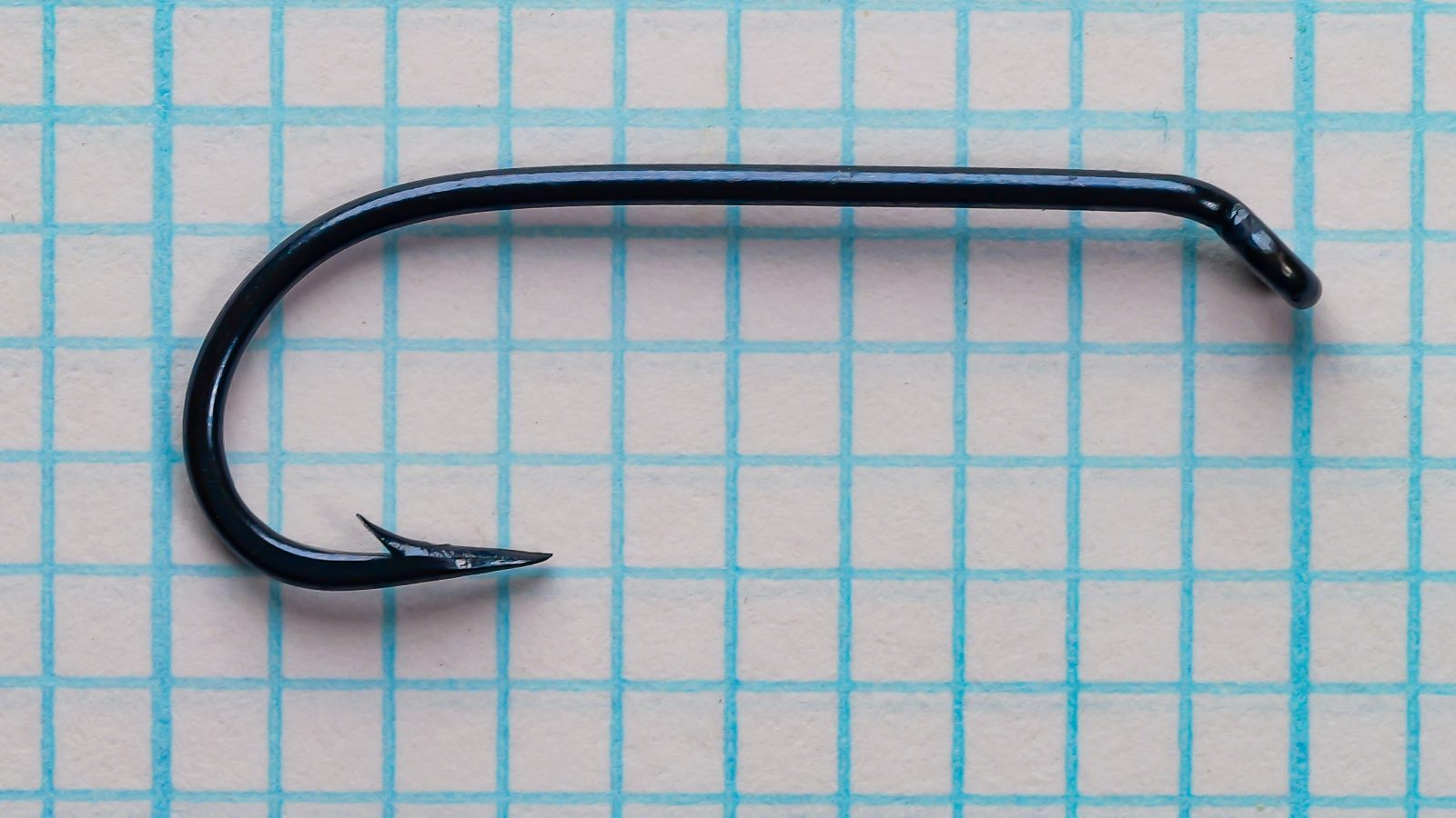 Mustad 4011-E Size 10 — hook specimen photographed on 1/10-inch measurement grid — blued finish, Sproat bend, superior point, turned-down tapered eye