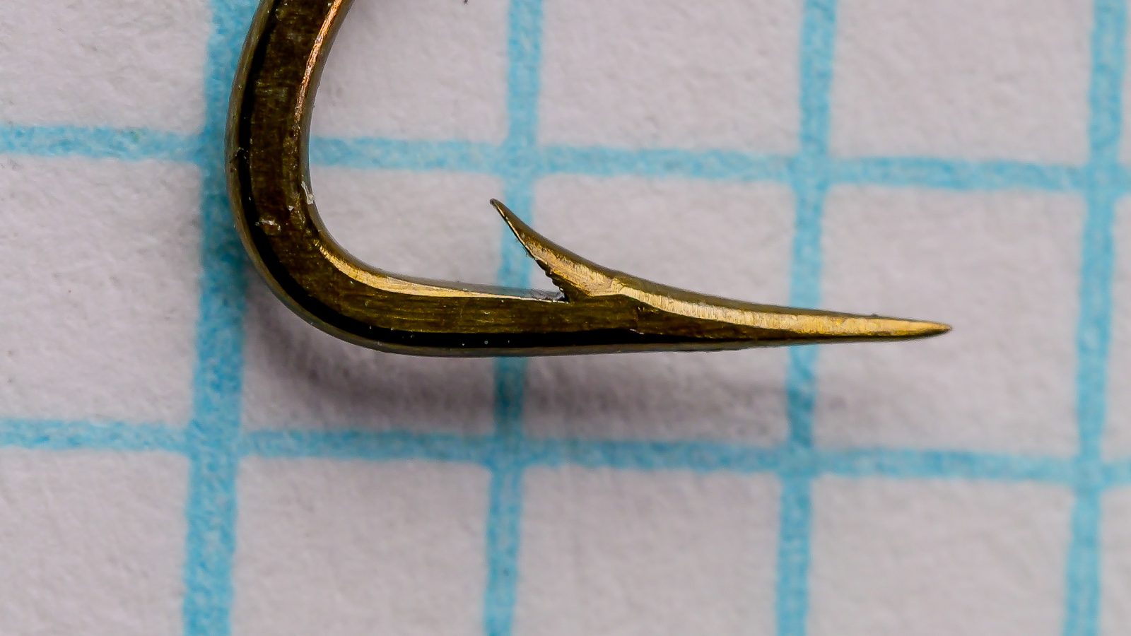 Mustad 9575 Limerick — hook point detail showing hollow point geometry and barb — size 10 — bronzed finish, photographed on measurement grid