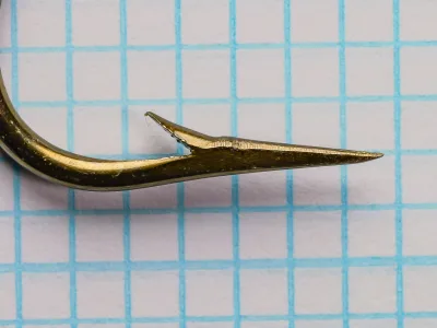 Mustad 3399 hook detail showing point and eye construction