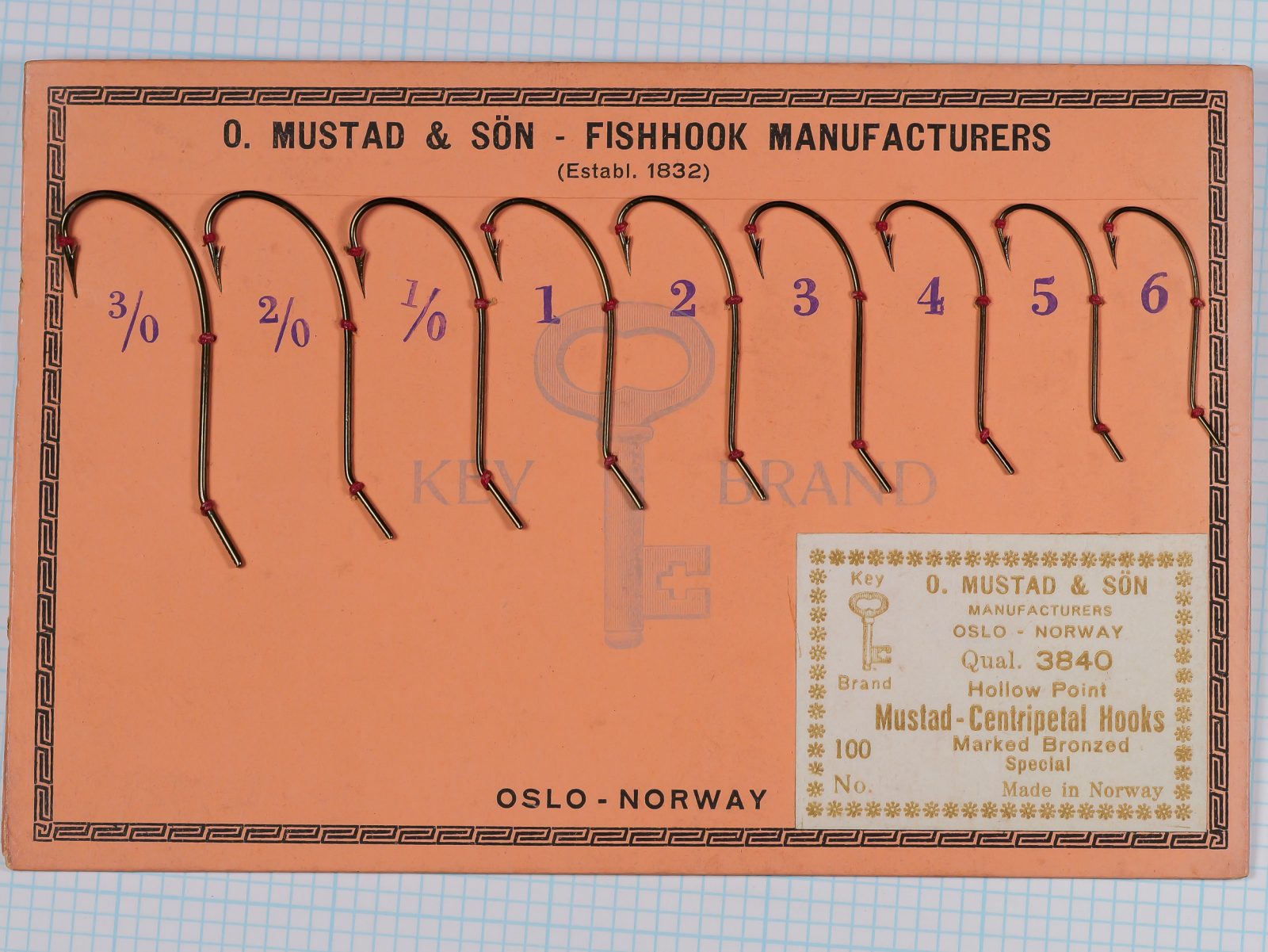 Mustad 3840 Centripetal Hooks — full sales card displaying size range with header 'O. MUSTAD & SON FISHHOOK MANUFACTURERS (Establ. 1832) OSLO - NORWAY' — orange card with geometric border and blue measurement grid overlay