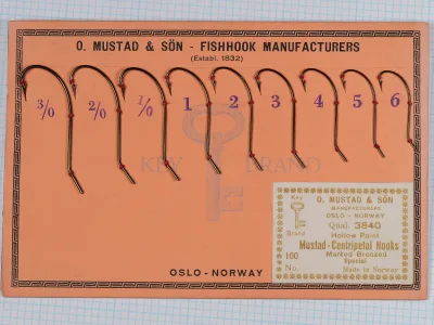 Mustad 3840 Centripetal Hooks — full sales card displaying size range with header 'O. MUSTAD & SON FISHHOOK MANUFACTURERS (Establ. 1832) OSLO - NORWAY' — orange card with geometric border and blue measurement grid overlay