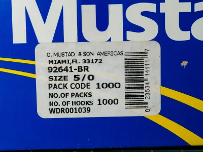 Mustad 92641-BR Box Label — O. Mustad & Son Americas Miami Florida address label showing model code, size 5/0, pack code 1000, 1000-hook bulk packaging details