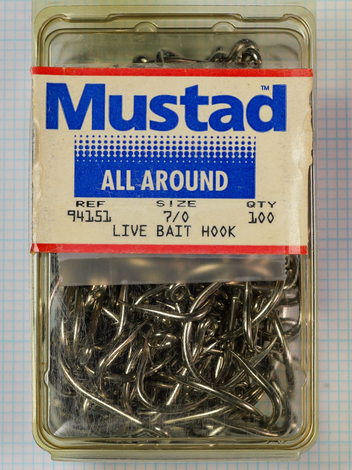 Mustad 94151 All-Around bait hook — original sales card and acetate snap-cap package, size 7/0 — blue label with 'LIVE BAIT HOOK' designation
