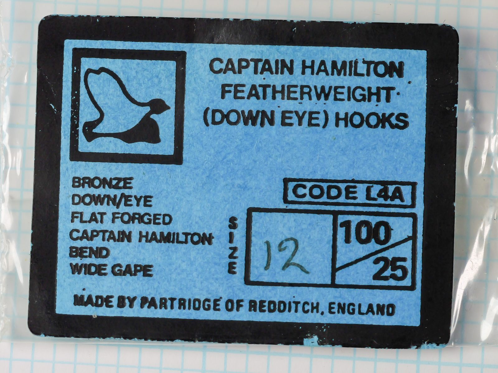 Partridge L4A Captain Hamilton Featherweight Size 14 — original light-blue packaging label — Bramley-era card with specifications