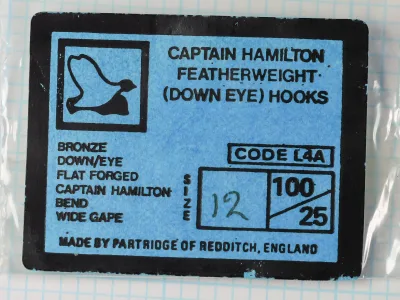 Partridge L4A Captain Hamilton Featherweight Size 14 — original light-blue packaging label — Bramley-era card with specifications