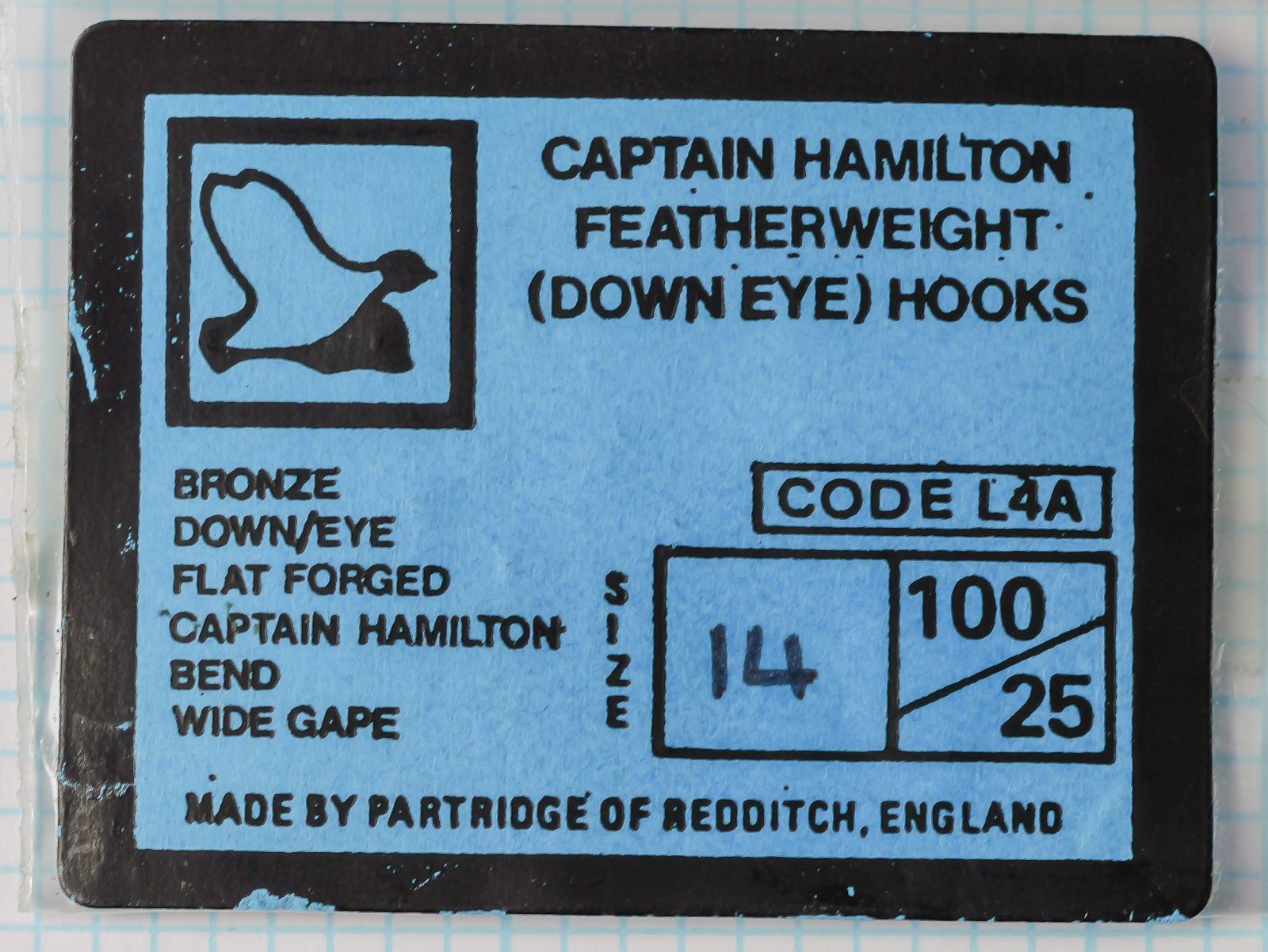 Partridge L4A Captain Hamilton Featherweight Size 14 — original light-blue packaging label — Bramley-era card with specifications