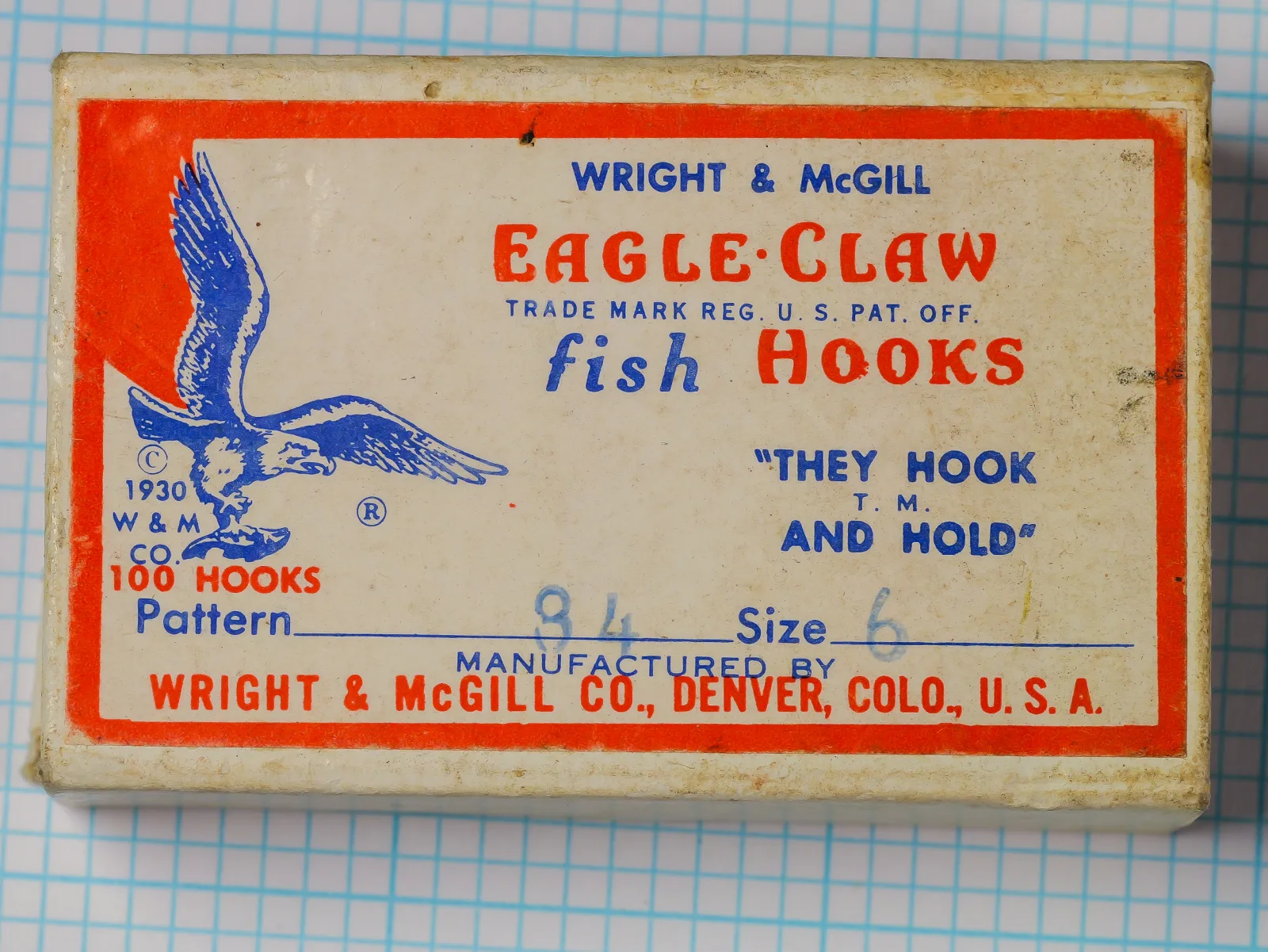 Wright & McGill Eagle Claw No. 84 — original sales card front — size 6 — red and cream letterpress print with 1930 copyright mark