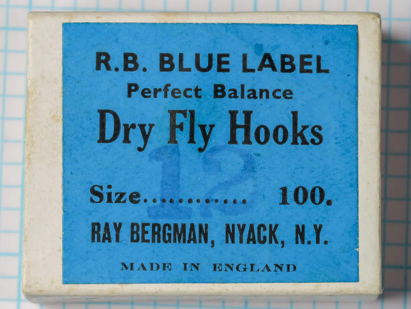 Ray Bergman R.B. Blue Label Perfect Balance — box top label — size 12 — Dry Fly Hooks packaging