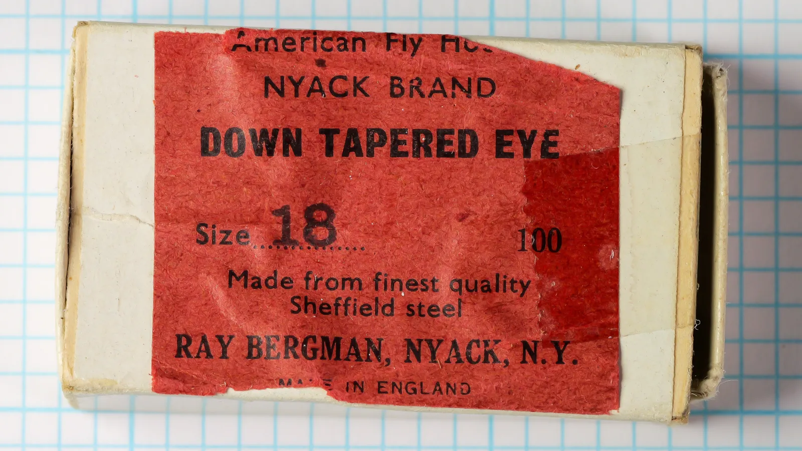 Ray Bergman Nyack Brand Down Tapered Eye hook card — packaging front showing label — size 18 — bronzed Sheffield steel, 100-hook card