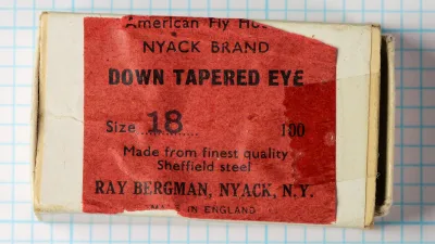 Ray Bergman Nyack Brand Down Tapered Eye hook card — packaging front showing label — size 18 — bronzed Sheffield steel, 100-hook card