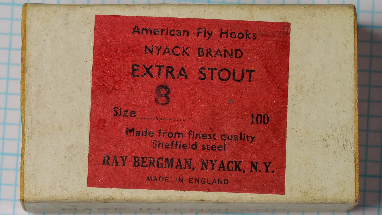 Bergman Nyack Extra Stout size 8 hook box label, red with black text, made in England by Ray Bergman.