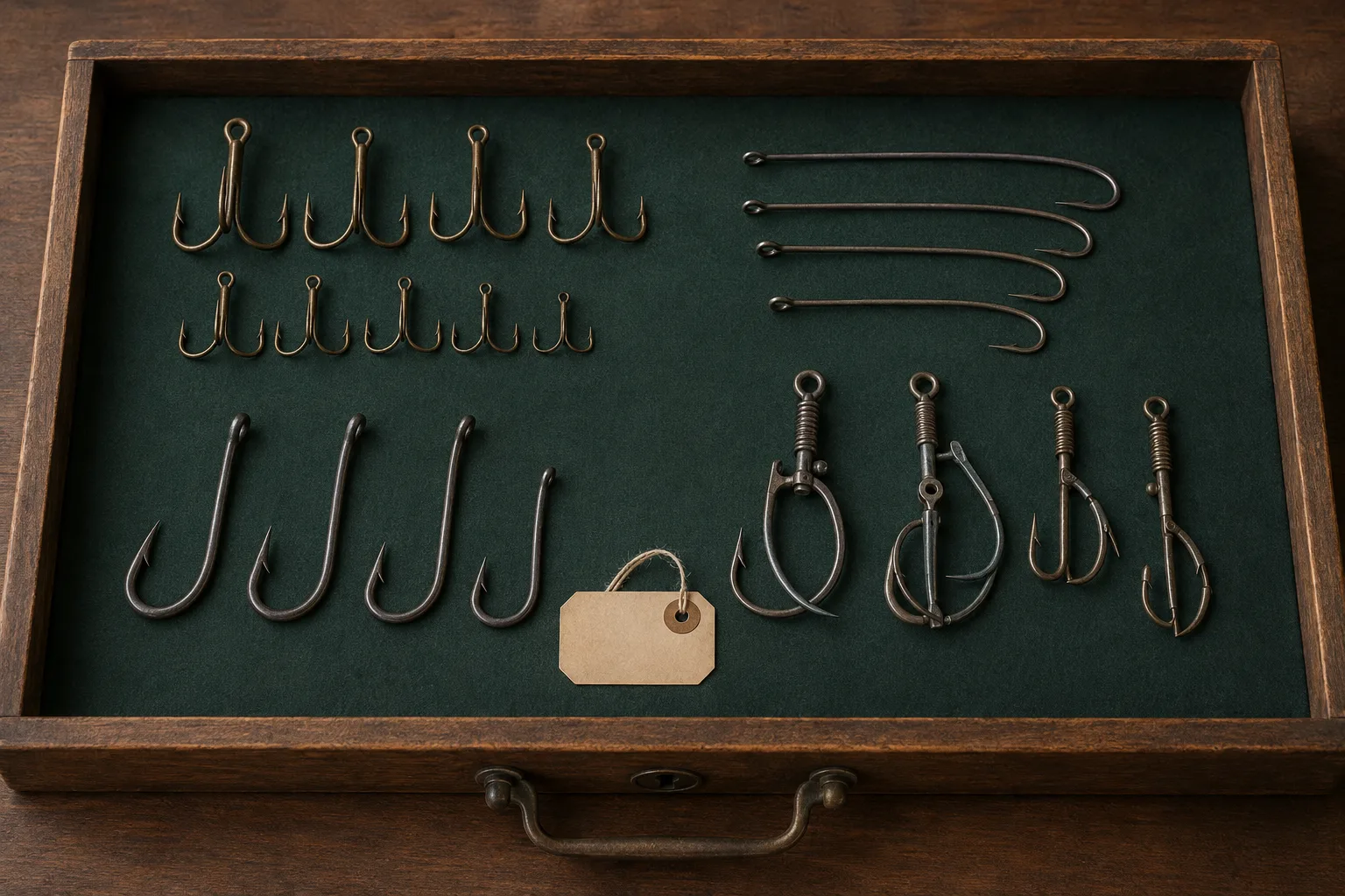 Treble hooks, salmon hooks, large single hooks, and spring-loaded hook forms arranged in a felt-lined drawer