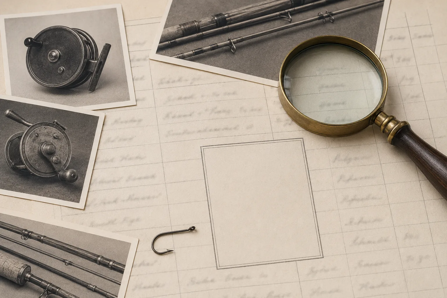 Auction research notes with vintage fishing reels, rods, and an empty space for hook packets