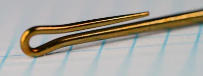 Daiichi 2370 — Detail of looped eye and shank entry — Size 2 — Close-up showing bronzed wire finish