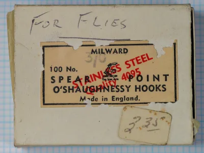 H. Milward & Sons Spear-Point O'Shaughnessy storage box — front label showing printed text and handwritten annotations — Made in England marking and model code 4095 visible