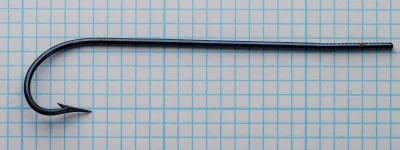 Mustad Quality 3198 — top-down view showing blind marked eye (shank terminus), point geometry, and overall slender profile — size 2/0