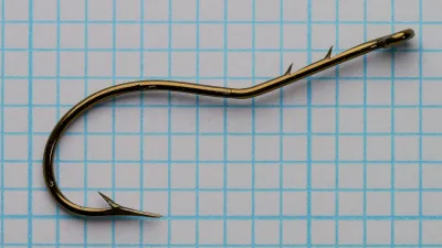 Mustad 33645 — overhead profile showing straight eye and bend symmetry — narrow gap geometry — size 4/0