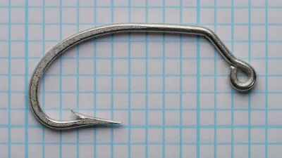 Mustad O'Shaughnessy size 2/0 hook — full hook profile from above showing O'Shaughnessy bend geometry, wide gap, and straight shank alignment