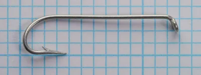 Mustad-Pacific 3498 D size 10 hook—full profile showing turned-down ball eye, 4X-long shank, extra-heavy round wire, Carlisle bend, tinned finish, kirbed offset, on measurement grid