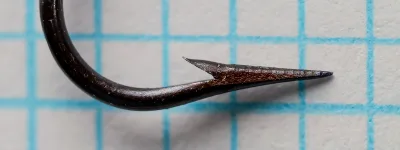 Mustad 3576 Hook profile detail showing blued finish, ringed eye, and point geometry at macro magnification