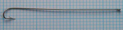 Mustad 3576E Carlisle hook — full shank and eye profile — size 4 tinned — overhead view on measurement grid
