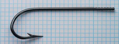 Mustad 3995 hook eye and shank viewed from above at angle