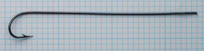 Mustad 4046 Bridgeport Snapper Hooks — overhead view showing point offset and eye detail — marked shank ridge pattern — size No. 1