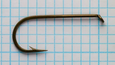 Mustad 57552 Hameçons Ronds size No. 1 — overhead view showing eye type and tapered construction — grid scale