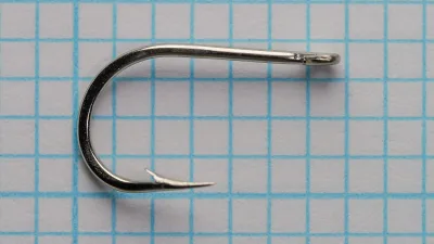 Mustad 9243 A Viking Hooks — direct overhead view showing bend symmetry — size No. 3 — straight ball eye alignment