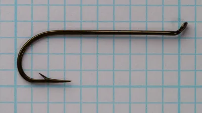Mustad-Viking Hook No. 6 — dorsal view showing eye orientation and bend plane — bronzed finish — on measurement grid