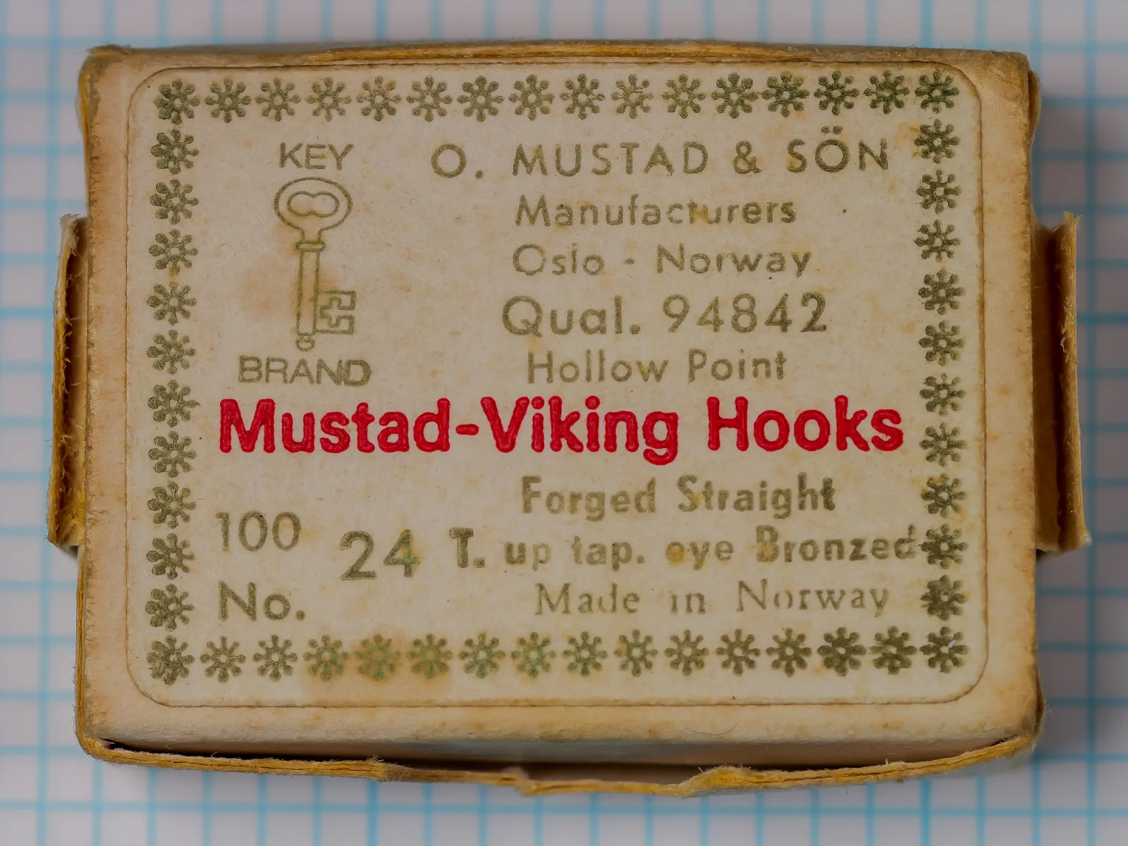 Mustad 94842 size 24 box lid, with the same printed layout as the size 14 box.