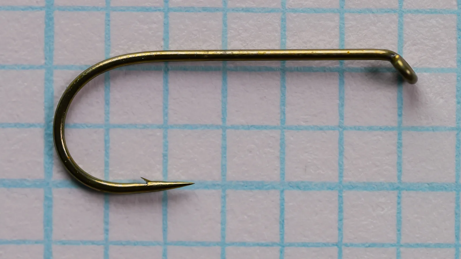 Tiemco 5230 size 10 hook, bronzed finish, perfect bend, down eye, side view