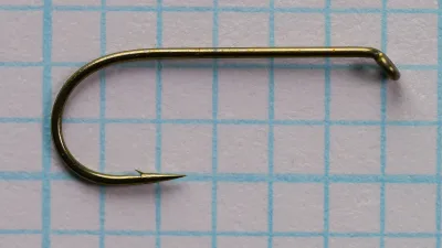 Tiemco 5230 size 10 hook, bronzed finish, perfect bend, down eye, side view
