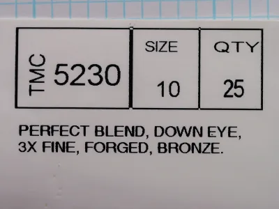 Tiemco 5230 package label showing model, size 10, quantity 25, specifications