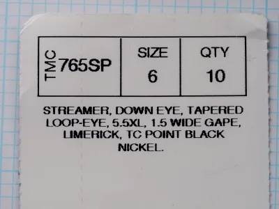 TMC 765SP packaging label showing size 6, quantity 10, streamer specifications