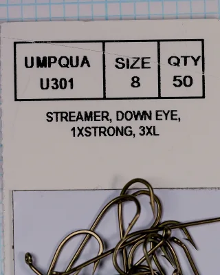 Tiemco U301 size 8 streamer hook package label showing specifications