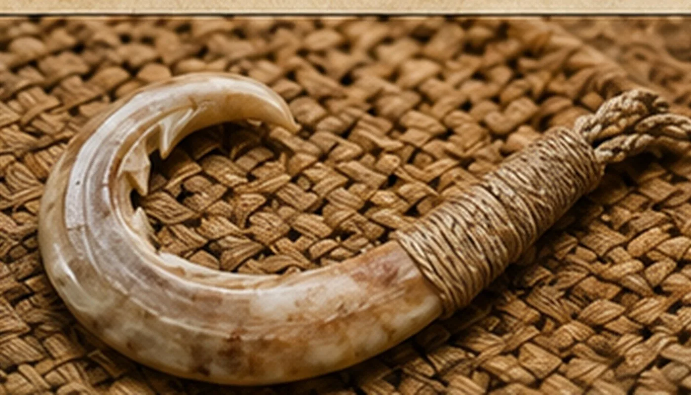 Editorial illustration of a shell-colored fish hook form attached with natural fiber wrapping