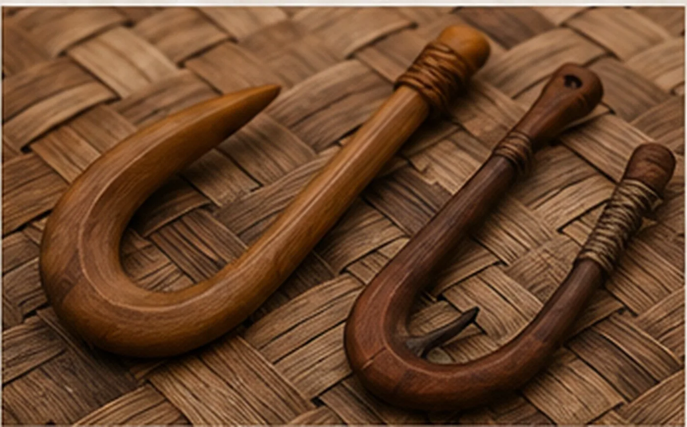 Editorial illustration of two wooden fish hook forms with wrapped attachment points