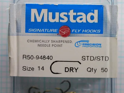 Mustad Signature Fly Hooks packaging, size 14, model R50-94840, blue box label with chemically sharpened needle point marking