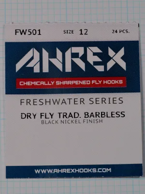 Front of an Ahrex pack for FW501 Dry Fly Trad. Barbless hooks, size 12, 24 pieces, with a white AHREX wordmark on a dark blue band.